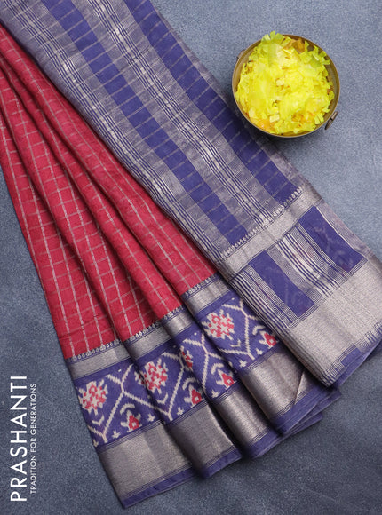 Assam silk saree red and blue with allover zari checked pattern and rettapet zari woven ikat printed border