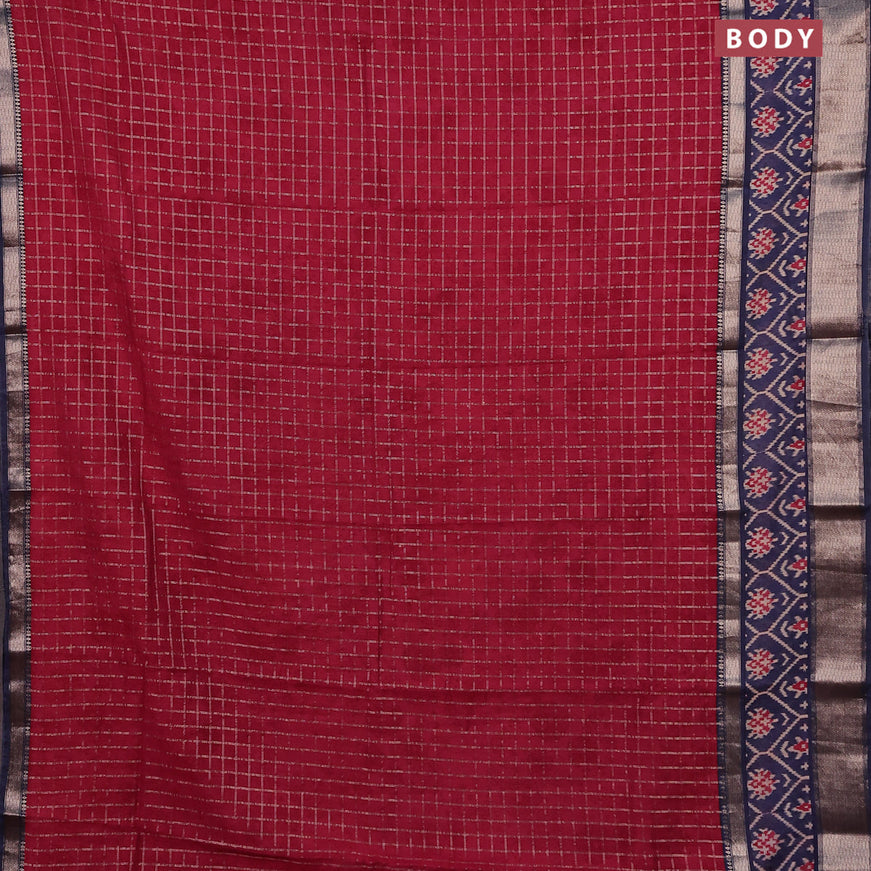 Assam silk saree red and blue with allover zari checked pattern and rettapet zari woven ikat printed border