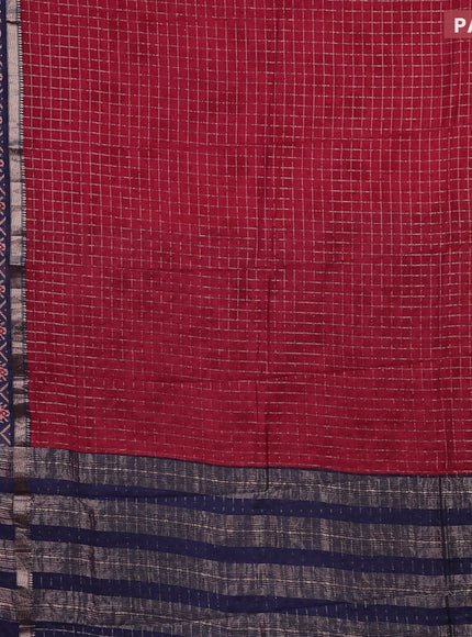 Assam silk saree red and blue with allover zari checked pattern and rettapet zari woven ikat printed border