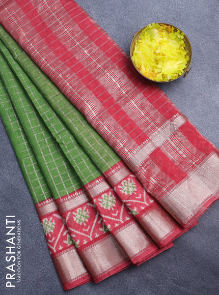 Assam silk saree green and red with allover zari checked pattern and rettapet zari woven ikat printed border