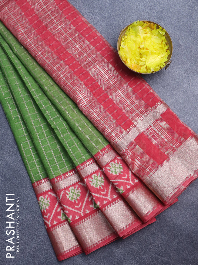 Assam silk saree green and red with allover zari checked pattern and rettapet zari woven ikat printed border