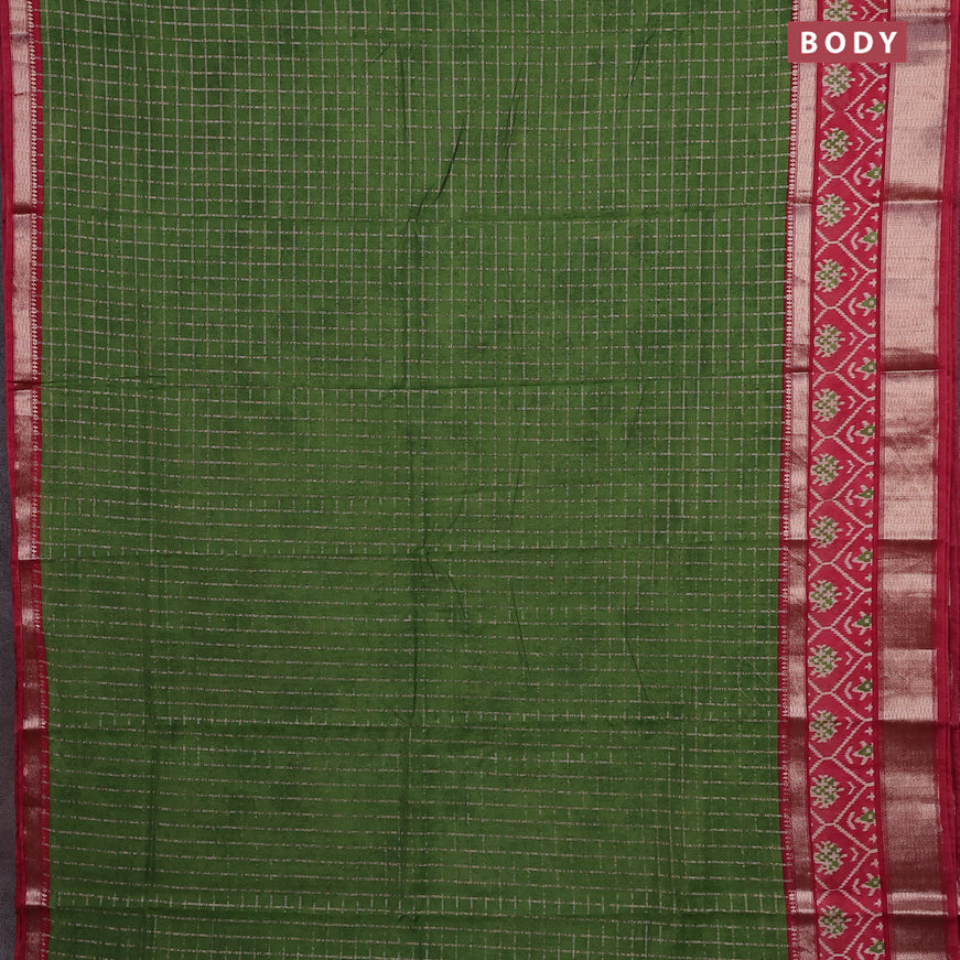 Assam silk saree green and red with allover zari checked pattern and rettapet zari woven ikat printed border