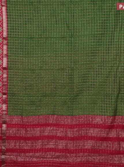 Assam silk saree green and red with allover zari checked pattern and rettapet zari woven ikat printed border