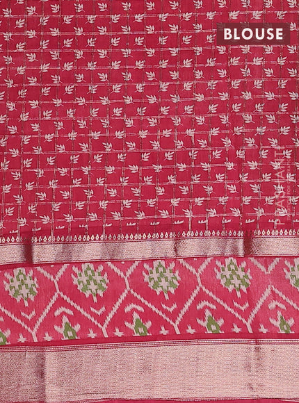 Assam silk saree green and red with allover zari checked pattern and rettapet zari woven ikat printed border