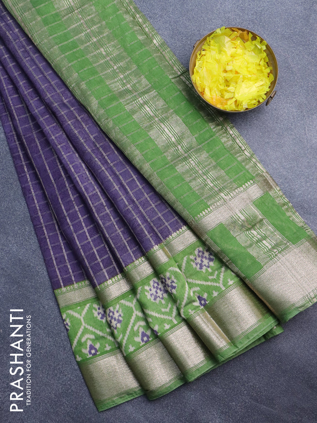 Assam silk saree blue and green with allover zari checked pattern and rettapet zari woven ikat printed border