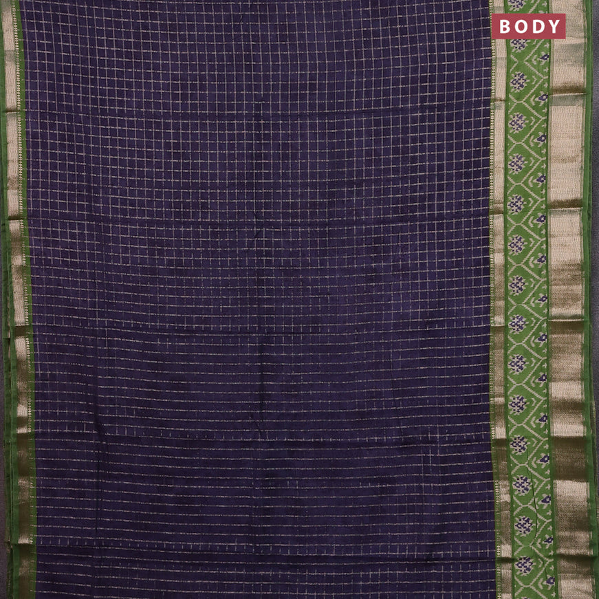 Assam silk saree blue and green with allover zari checked pattern and rettapet zari woven ikat printed border