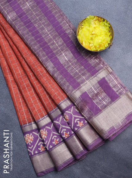 Assam silk saree orange and violet with allover zari checked pattern and rettapet zari woven ikat printed border