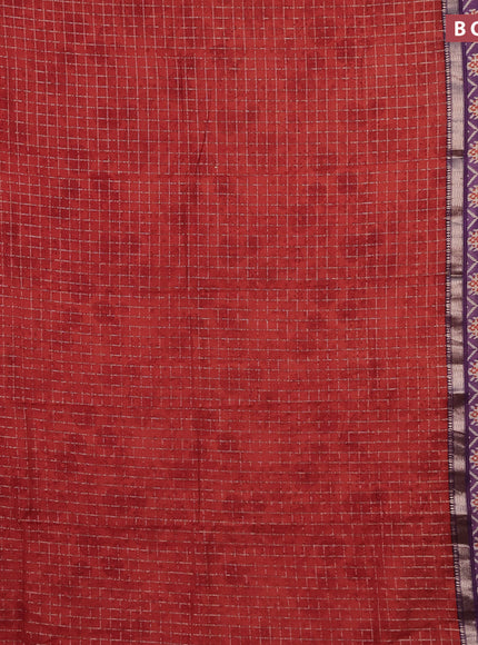 Assam silk saree orange and violet with allover zari checked pattern and rettapet zari woven ikat printed border