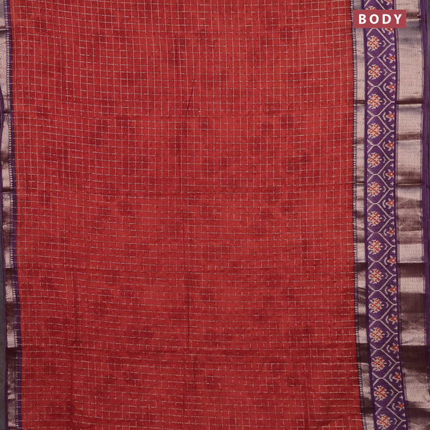 Assam silk saree orange and violet with allover zari checked pattern and rettapet zari woven ikat printed border