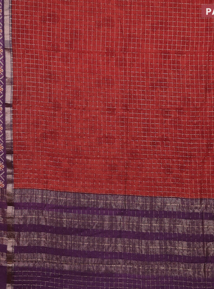 Assam silk saree orange and violet with allover zari checked pattern and rettapet zari woven ikat printed border