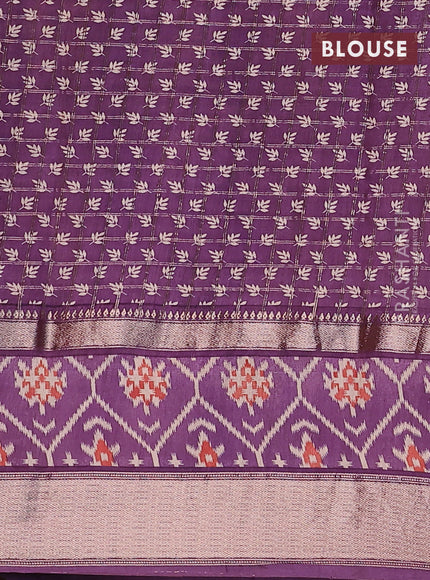 Assam silk saree orange and violet with allover zari checked pattern and rettapet zari woven ikat printed border