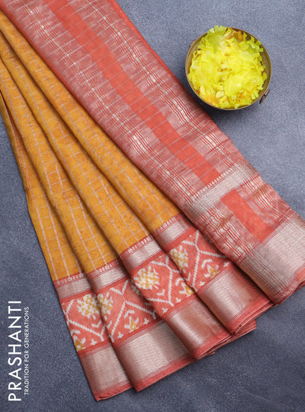 Assam silk saree mustard yellow and orange with allover zari checked pattern and rettapet zari woven ikat printed border