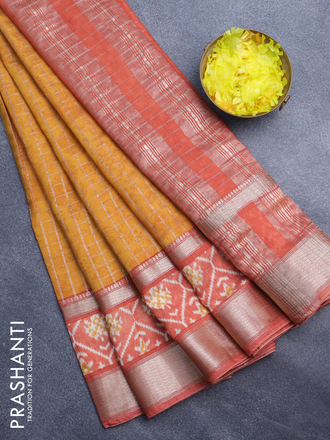 Assam silk saree mustard yellow and orange with allover zari checked pattern and rettapet zari woven ikat printed border