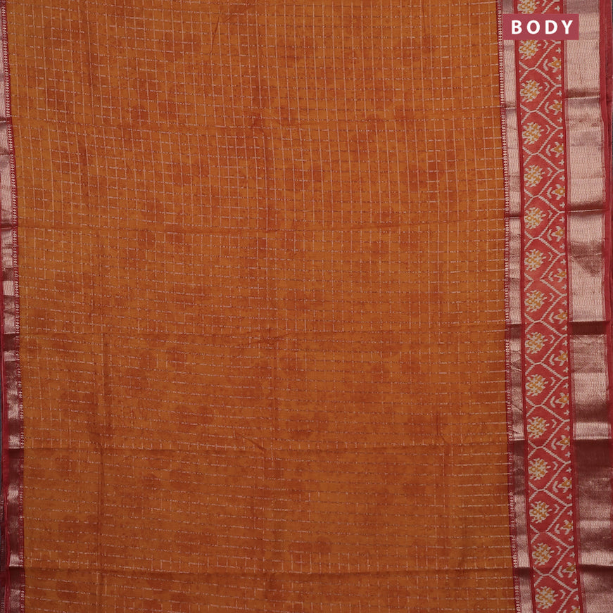 Assam silk saree mustard yellow and orange with allover zari checked pattern and rettapet zari woven ikat printed border