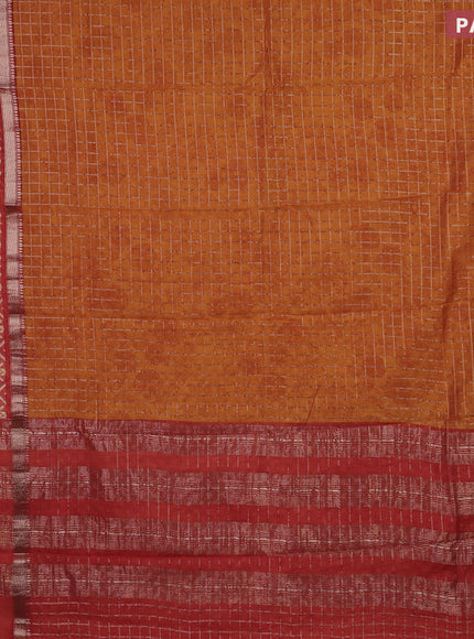 Assam silk saree mustard yellow and orange with allover zari checked pattern and rettapet zari woven ikat printed border