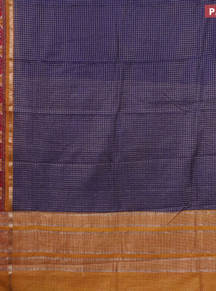 Assam silk saree blue and mustard yellow with allover zari checked pattern and rettapet zari woven ikat printed border