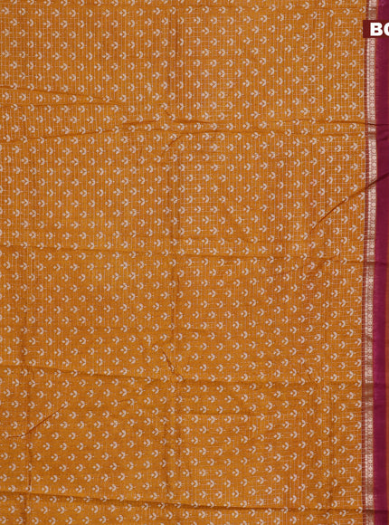 Assam silk saree mustard yellow and orange with allover zari checked pattern & prints and rettapet zari woven printed border