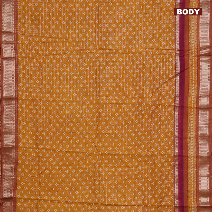 Assam silk saree mustard yellow and orange with allover zari checked pattern & prints and rettapet zari woven printed border