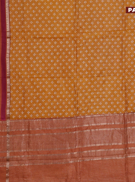 Assam silk saree mustard yellow and orange with allover zari checked pattern & prints and rettapet zari woven printed border