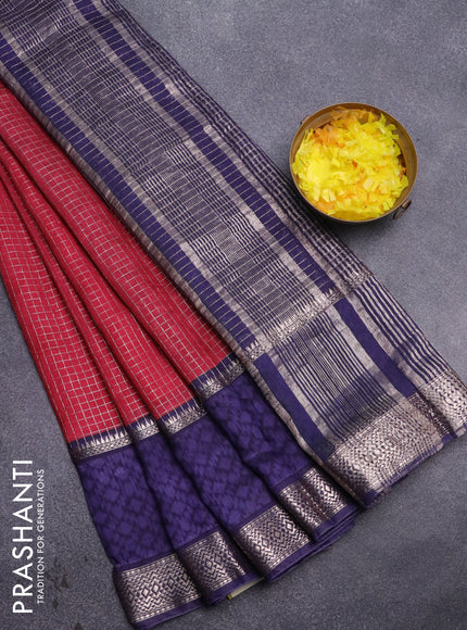 Assam silk saree reedish pink and blue with allover zari checked pattern and rettapet zari woven ikat printed border