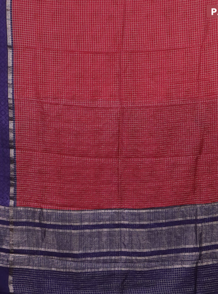 Assam silk saree reedish pink and blue with allover zari checked pattern and rettapet zari woven ikat printed border