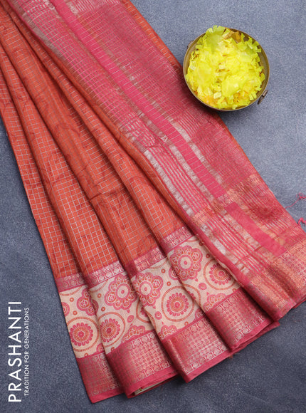 Assam silk saree orange and pink with allover zari checked pattern and rettapet zari woven ajrakh printed border