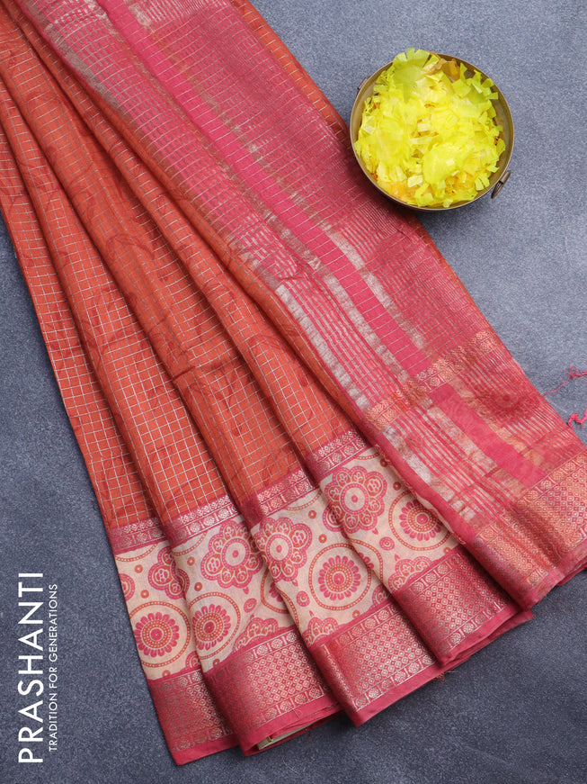 Assam silk saree orange and pink with allover zari checked pattern and rettapet zari woven ajrakh printed border