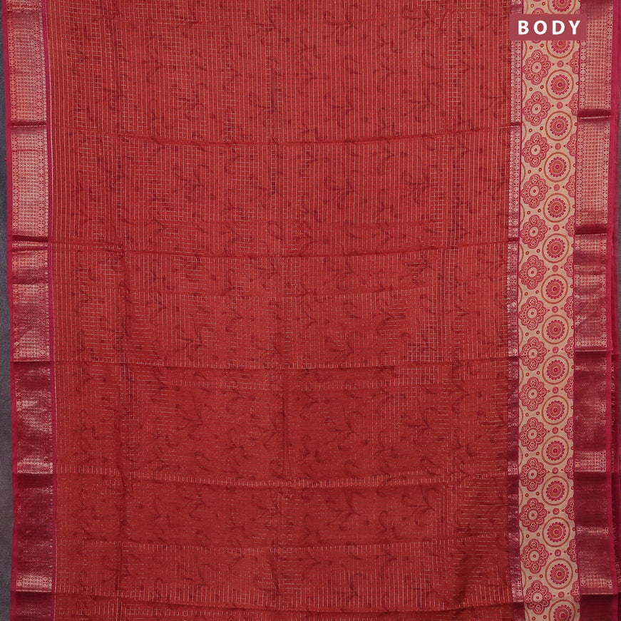 Assam silk saree orange and pink with allover zari checked pattern and rettapet zari woven ajrakh printed border