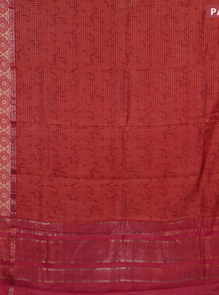 Assam silk saree orange and pink with allover zari checked pattern and rettapet zari woven ajrakh printed border