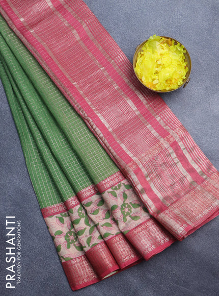 Assam silk saree green and pink shade with allover zari checked pattern and rettapet zari woven printed border