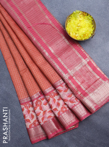 Assam silk saree orange and pink with allover zari checked pattern and rettapet zari woven printed border