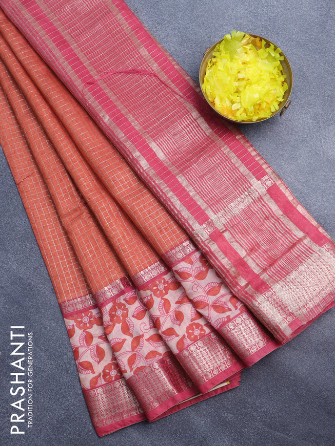 Assam silk saree orange and pink with allover zari checked pattern and rettapet zari woven printed border