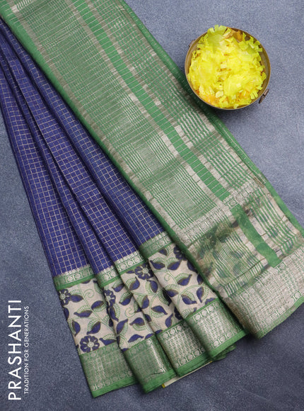 Assam silk saree blue and green with allover zari checked pattern and rettapet zari woven printed border