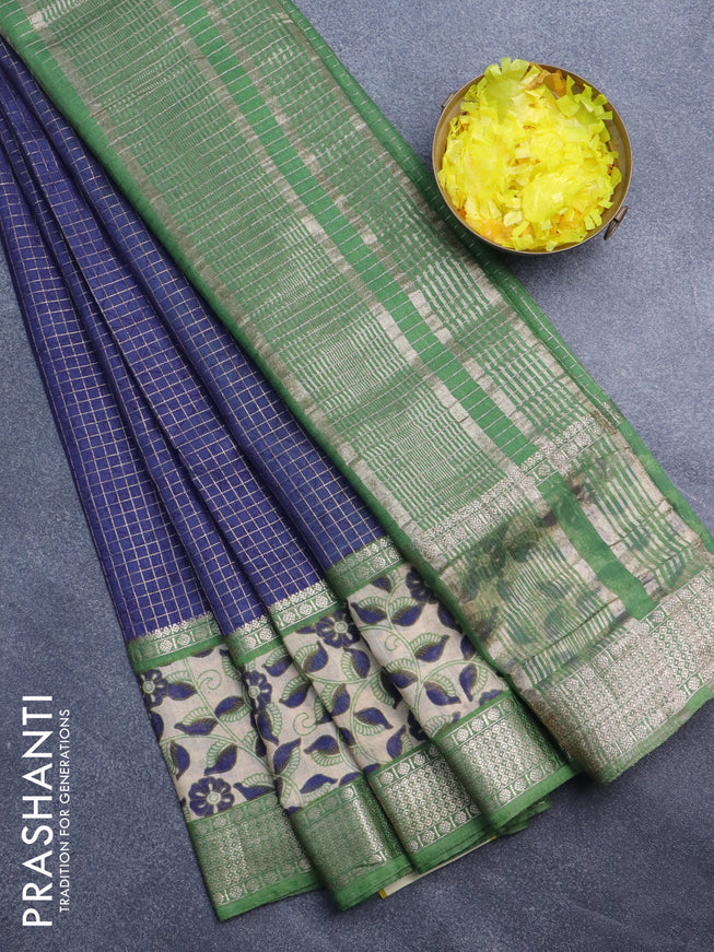 Assam silk saree blue and green with allover zari checked pattern and rettapet zari woven printed border