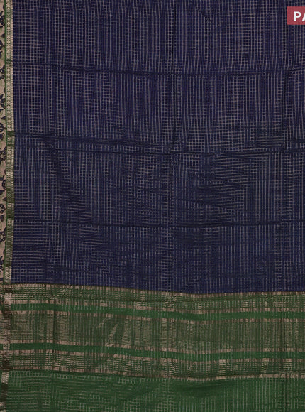 Assam silk saree blue and green with allover zari checked pattern and rettapet zari woven printed border