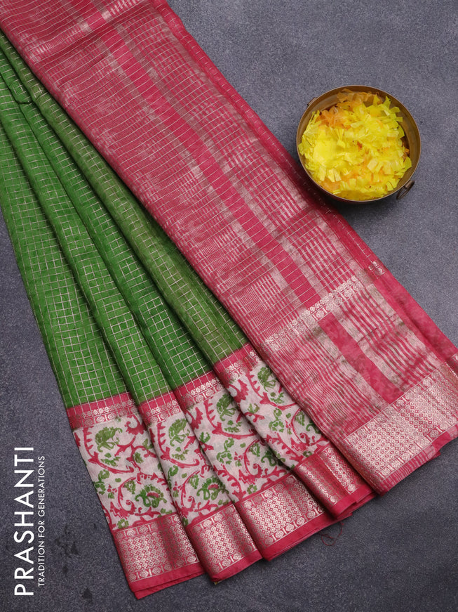 Assam silk saree green and pink with allover zari checked pattern and rettapet zari woven printed border