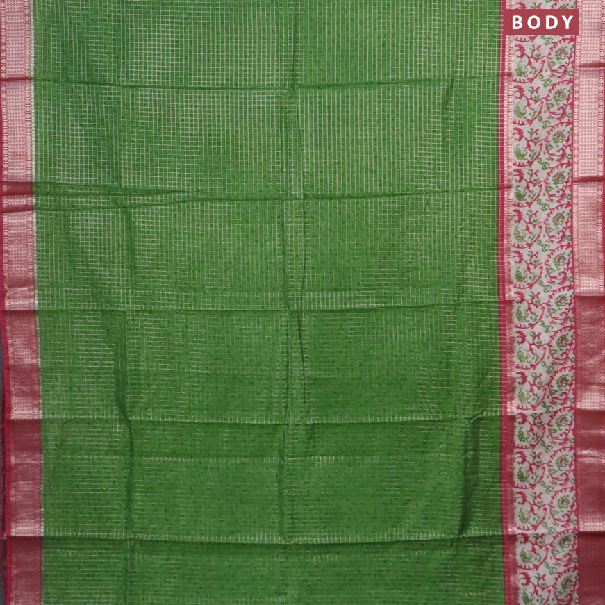 Assam silk saree green and pink with allover zari checked pattern and rettapet zari woven printed border