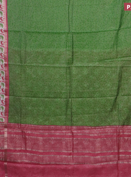 Assam silk saree green and pink with allover zari checked pattern and rettapet zari woven printed border