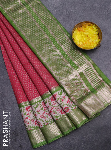 Assam silk saree pink and green with allover zari checked pattern and rettapet zari woven printed border