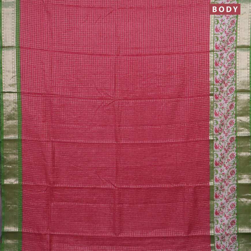 Assam silk saree pink and green with allover zari checked pattern and rettapet zari woven printed border