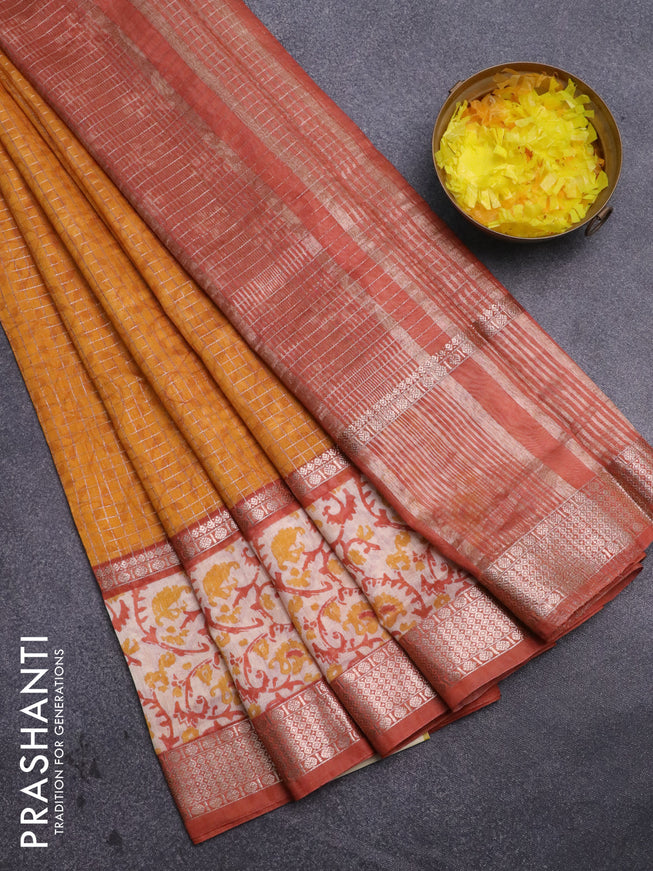 Assam silk saree mango yellow and rust shade with allover zari checked pattern and rettapet zari woven printed border