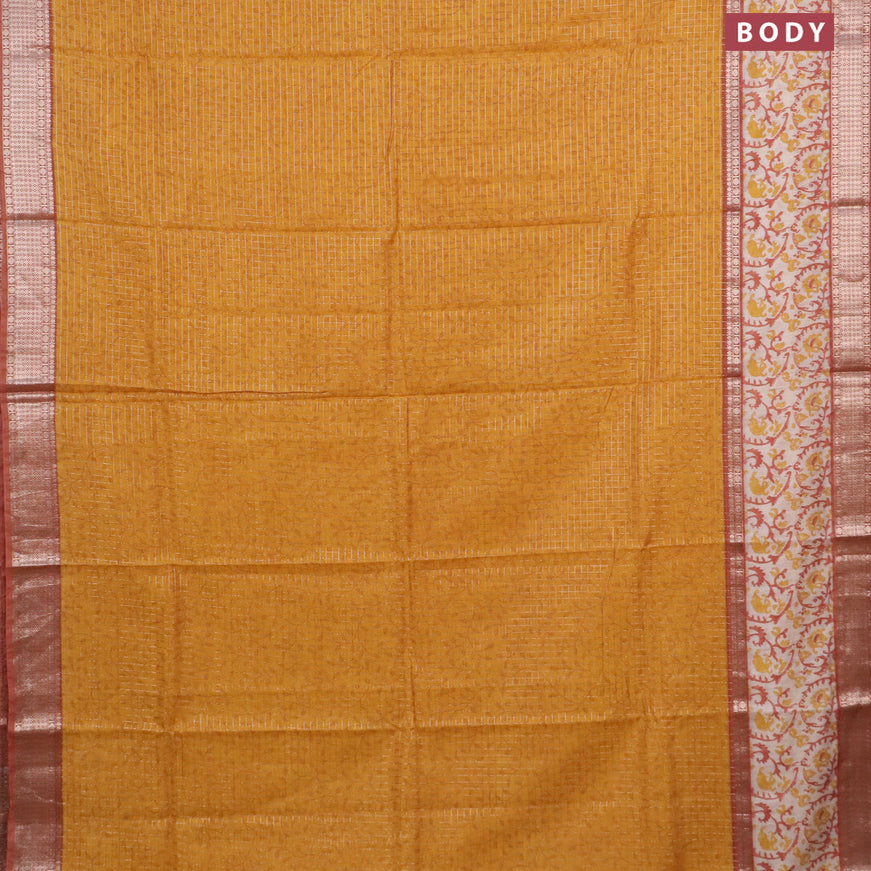 Assam silk saree mango yellow and rust shade with allover zari checked pattern and rettapet zari woven printed border