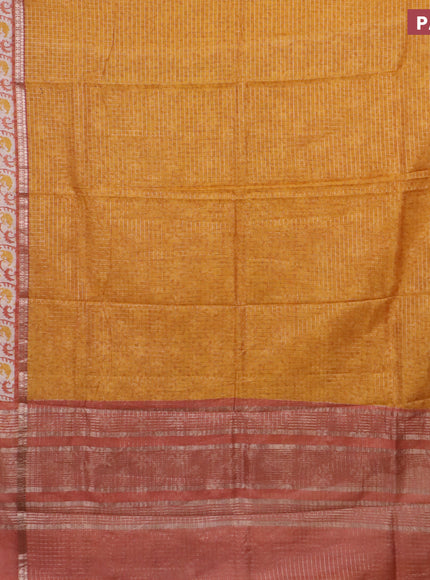 Assam silk saree mango yellow and rust shade with allover zari checked pattern and rettapet zari woven printed border