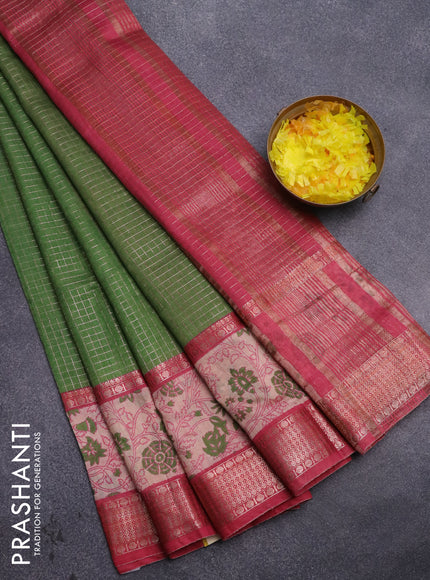 Assam silk saree green and pink with allover zari checked pattern and rettapet zari woven floral printed border