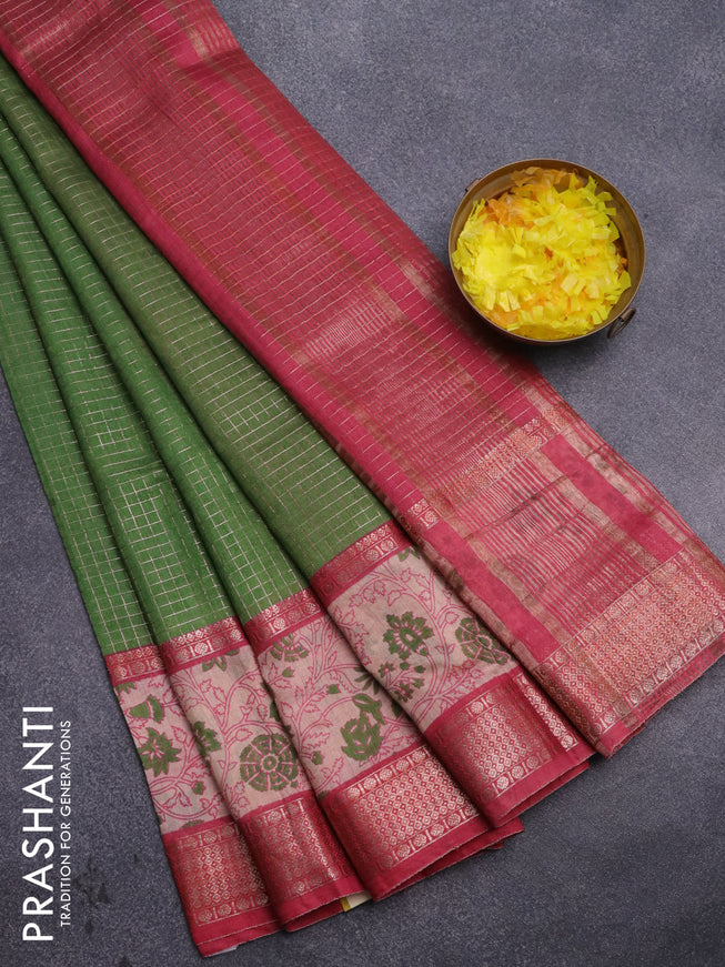 Assam silk saree green and pink with allover zari checked pattern and rettapet zari woven floral printed border