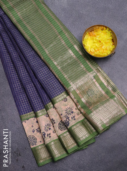 Assam silk saree blue and green with allover zari checked pattern and rettapet zari woven floral printed border