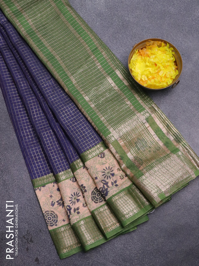 Assam silk saree blue and green with allover zari checked pattern and rettapet zari woven floral printed border