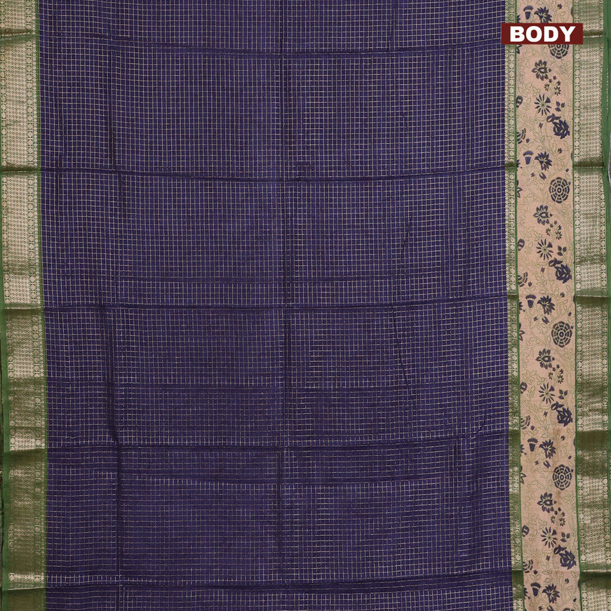 Assam silk saree blue and green with allover zari checked pattern and rettapet zari woven floral printed border