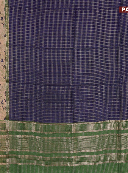 Assam silk saree blue and green with allover zari checked pattern and rettapet zari woven floral printed border