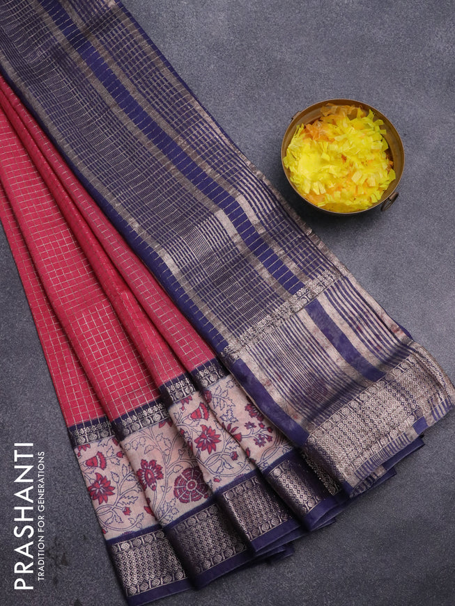 Assam silk saree pink and blue with allover zari checked pattern and rettapet zari woven floral printed border